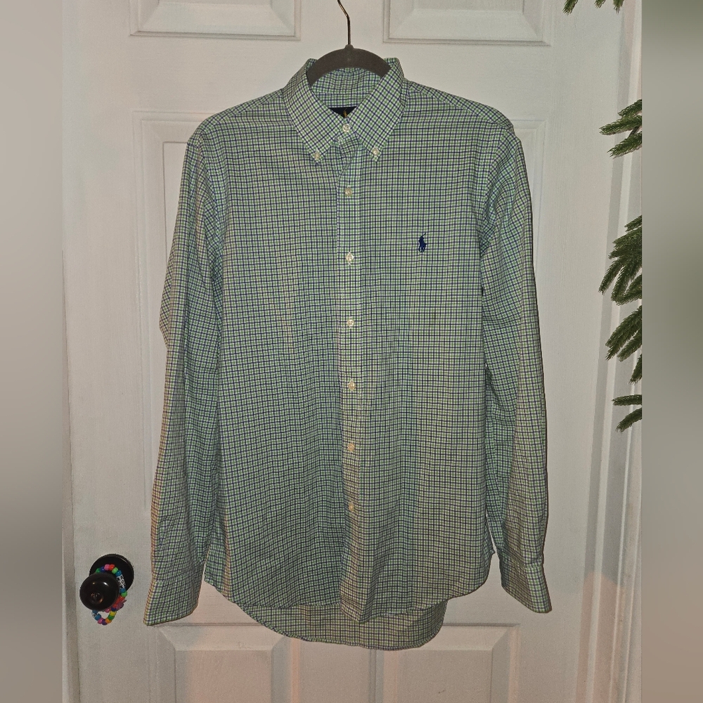 Ralph Lauren Blue Green White Mens Plaid Button Down Small Shirt